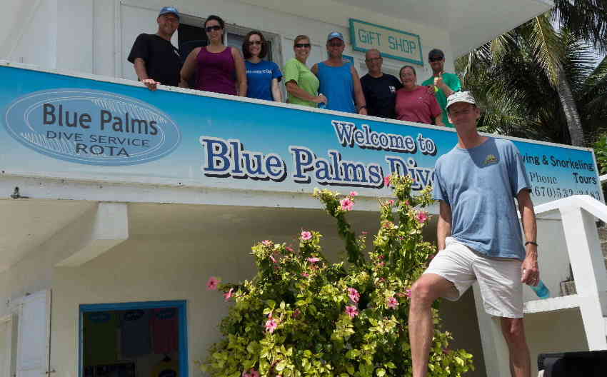 Divers in front of Blue Palms dive shop